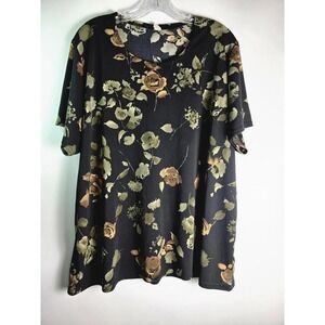 WOMENS Stretch Crepe Crew BLACK FLORAL Blouse Plus Size XXL